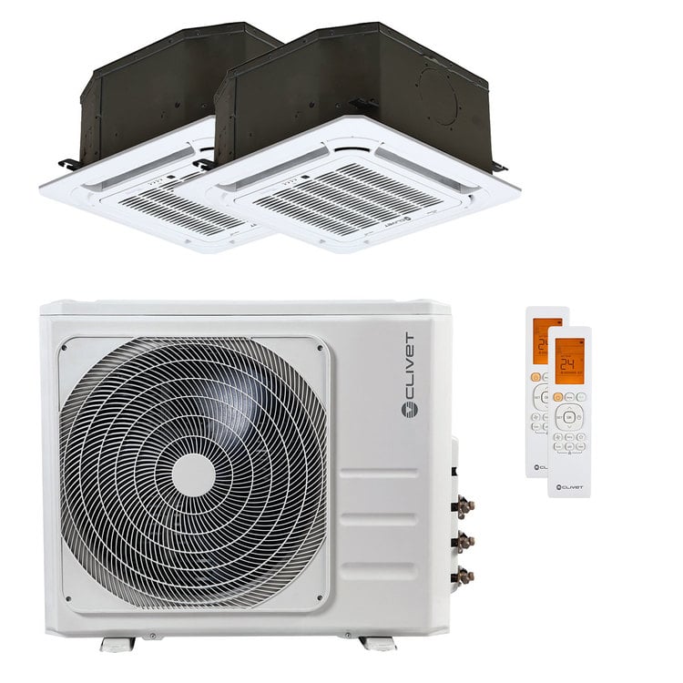 Condizionatore Clivet BOX 2 650x650 cassetta 4 vie dual split 18000+18000 BTU inverter A+ unità esterna 12.3 kW